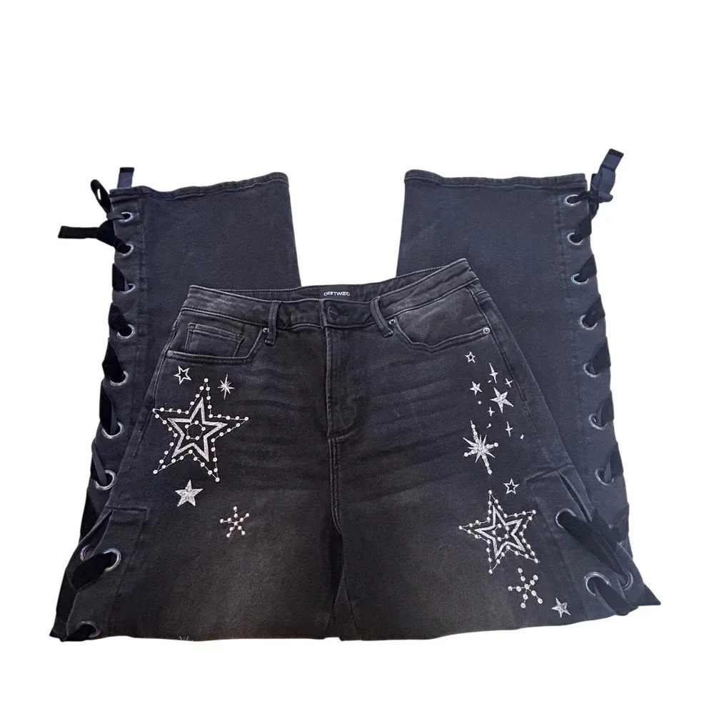 Driftwood Lacy Celestial‎ Embroidered Lace Up Side Wide Leg Jeans Black Size 28